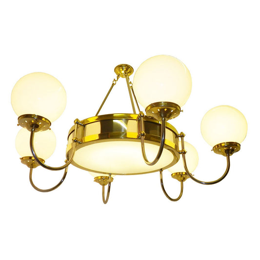 Brass Chandelier with 6 Arms & White Opal Globes