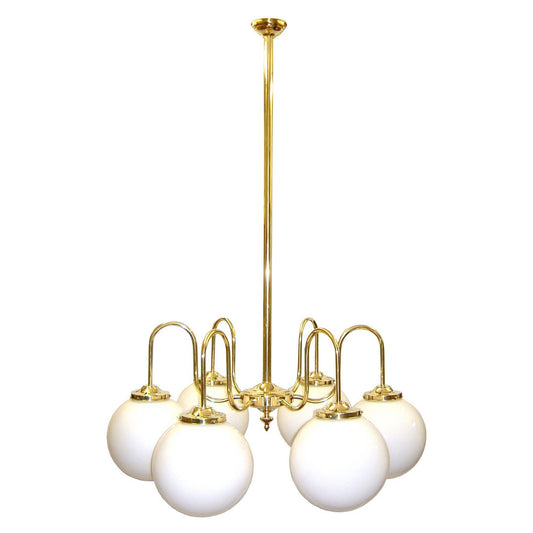 Brass Chandelier with 6 Arms & White Opal Globes