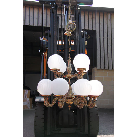 Brass Chandelier with 10 Heavy Cast Arms & Etched Prismatic Globes