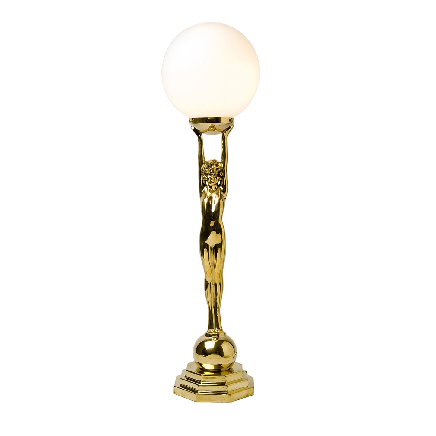 Deco Lady In Polished Brass with White Opal Globe