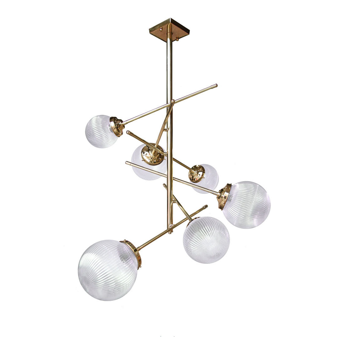 Chandelier with 6 Asymmetric Arms & Clear Prismatic Globes